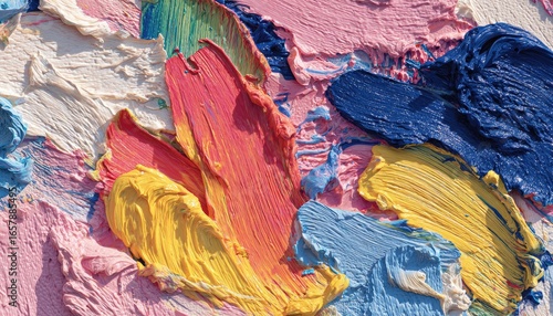 Abstract close-up of thick impasto paint strokes in vibrant colors