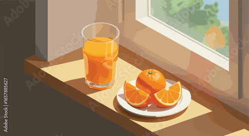 Juice and oranges on window sill, outdoors scene, healthy lifestyle background