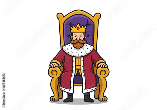 Cartoon king sits on a throne isolated on white. For illustrations, clip art