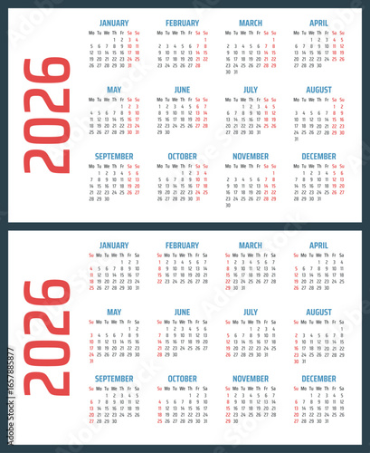 calendar for 2026 starts sunday and monday, vector calendar design 2026 year