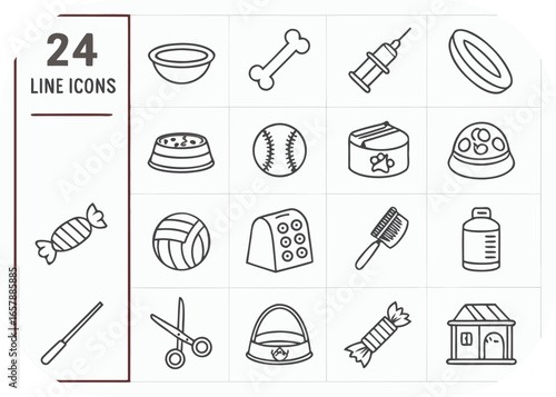 Collection of twenty four pet care and accessory line art icons animal bone