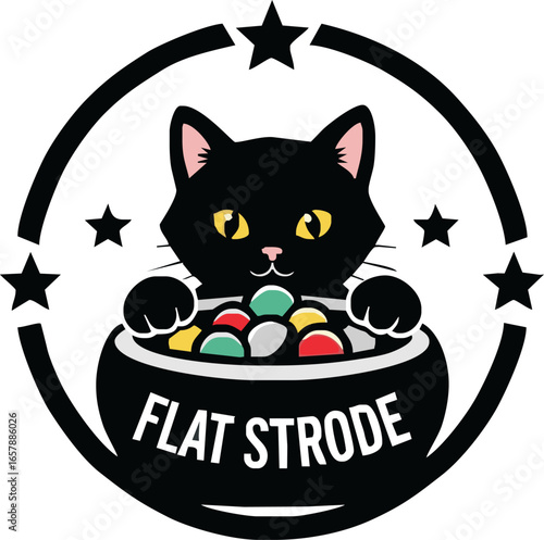 A stylized black cat holding a bowl filled with colorful candies, within a circular frame.