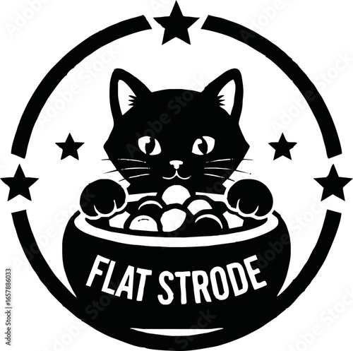 Black and white logo featuring a cat peering over a bowl of food, surrounded by a circular frame with stars.