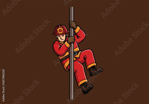 Firefighter descending pole at station on flat brown background for emergency use