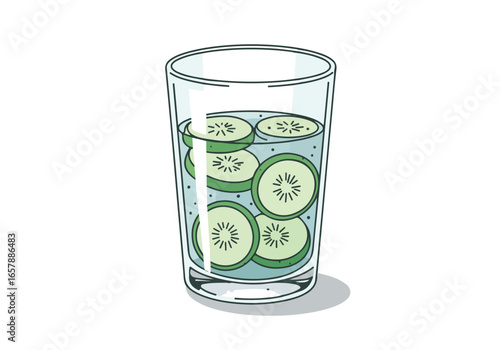 Drink glass with cucumber slices for detox. Plain background, healthy drink idea