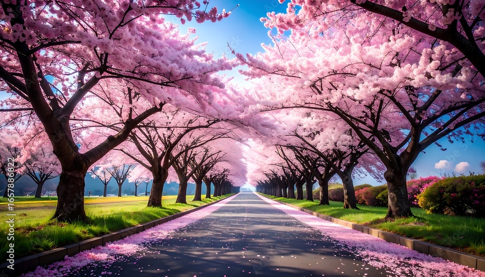 Fototapeta premium A picturesque avenue lined with vibrant cherry blossoms, bathed in sunlight, creates a serene and beautiful springtime scene.