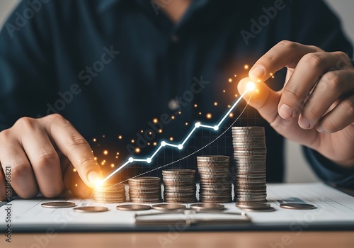 Persons hands stacking coins with a rising graph line indicating financial growth and investment success
