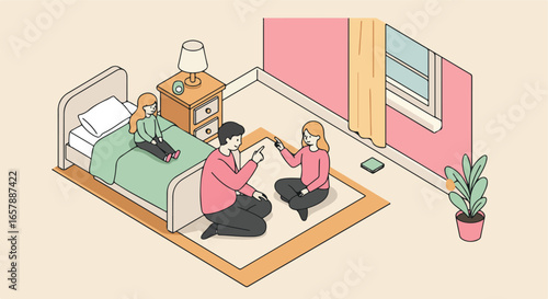 Family pointing, explaining at home, the girl on the bed is listening