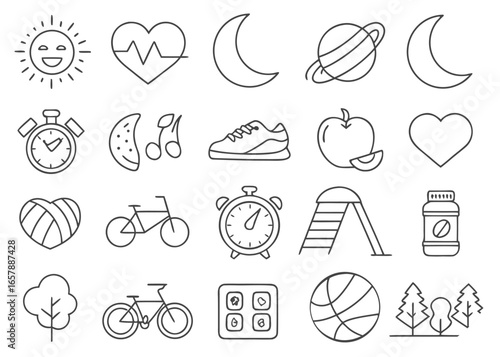 Health and fitness icons with sun, heart, and bicycle pulse moon