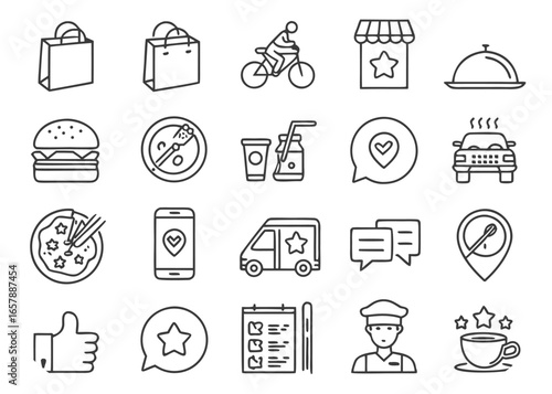 Food delivery icons with pizza, burger, and delivery truck shopping bag