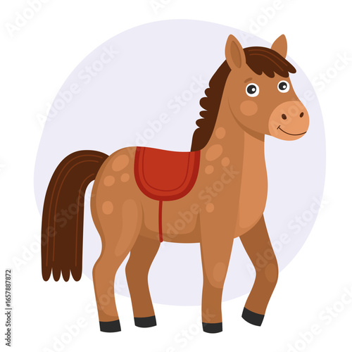 Brown spotted horse, pony with red saddle. Cute zodiac horse, new year of the horse. Cute happy animal character on red background.
