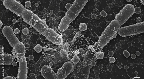 Wallpaper Mural Monochrome electron microscope image showing rod-shaped bacteria attacked by bacteriophages, with small, spherical vesicles scattered around. Torontodigital.ca