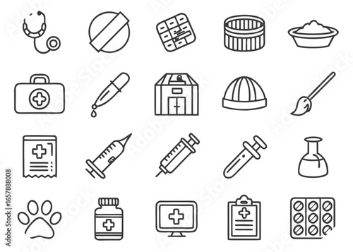 Medical and veterinary icons set with stethoscope and first aid kit pill medicine cabinet