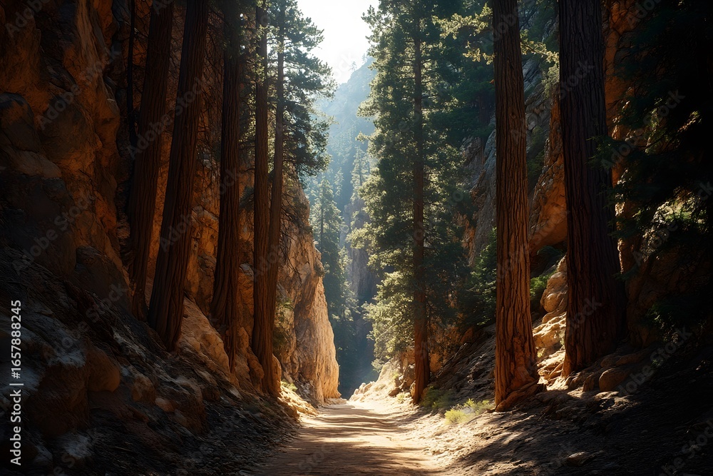 Obraz premium Sunlit Path Through a Majestic Pine Forest