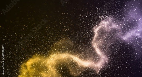 Abstract image featuring swirling clusters of particles in gold and purple hues against a dark background.