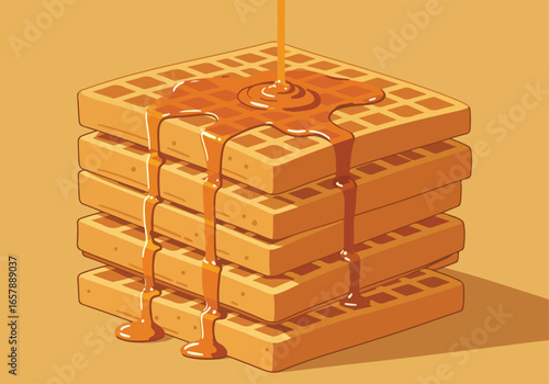 Syrup drizzling on waffles stacked on a surface, for breakfast menus, recipes