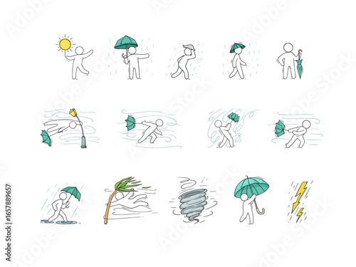 Doodle weather icons with wind and rain. Sketch of man with umbrella in storm, set of windsocks, character in rainy weather and outline swirls of strong wind, vector hand drawn illustration