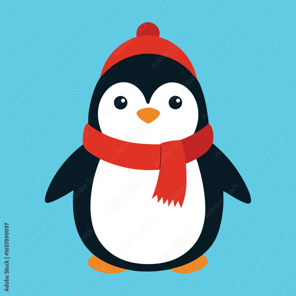 Naklejka premium A funny baby penguin cartoon wearing a Santa hat and scarf in the snow, perfect for a cute Christmas holiday illustration