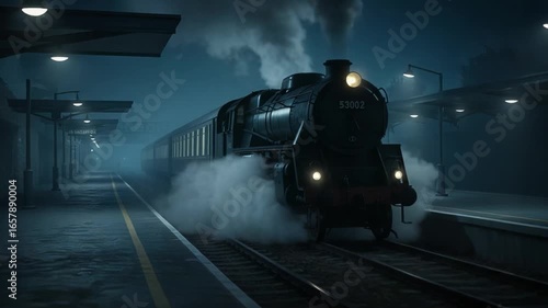 A vintage steam locomotive emerges from the mist at a dimly lit station, creating a captivating scene of nostalgia and mystery in the stillness of the night.