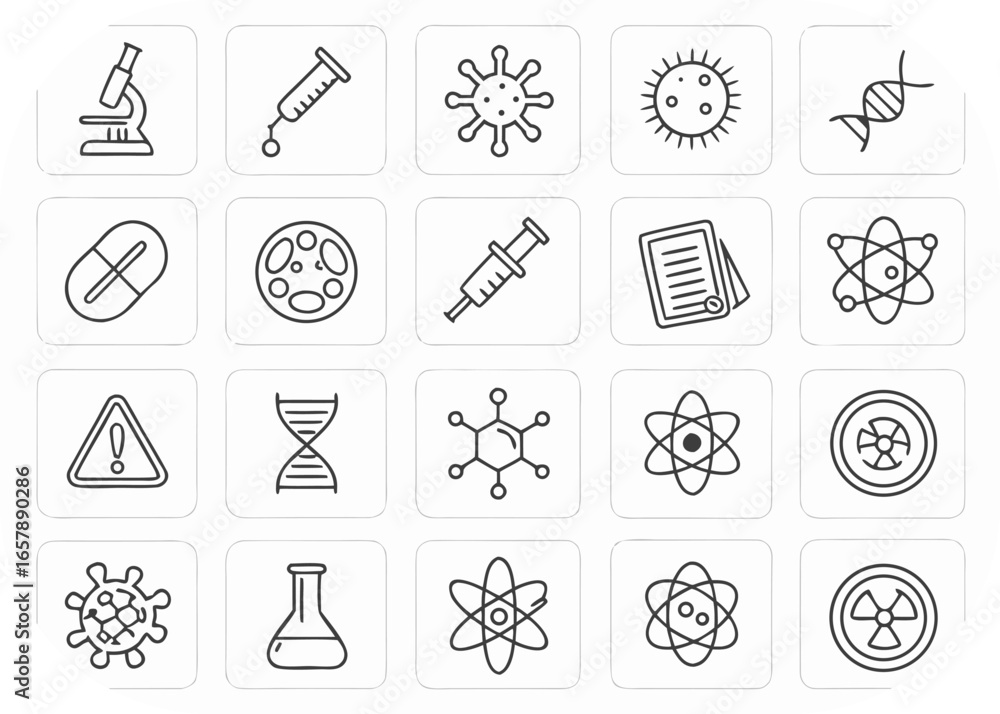 Fototapeta premium Twenty science and medical line art icons with viruses and DNA biology chemistry