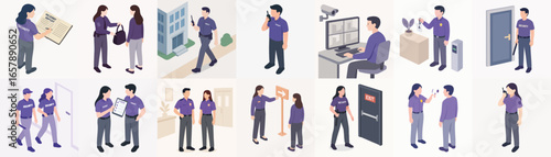 Isometric Security Guard and Officer Activities Illustration Set in Various Scenes