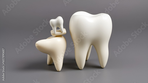 Unique tooth sculpture, a small tooth resting on larger one symbolizing dental health and hygiene