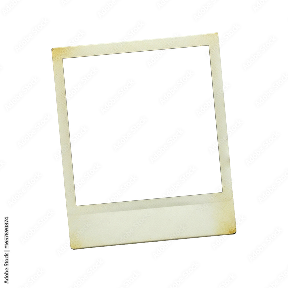 Fototapeta premium A slightly angled vintage polaroid frame with a blank white center on a black isolated background on transparent background