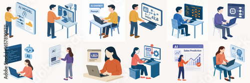 Isometric People Working with AI and Technology in Various Digital Scenarios Illustration