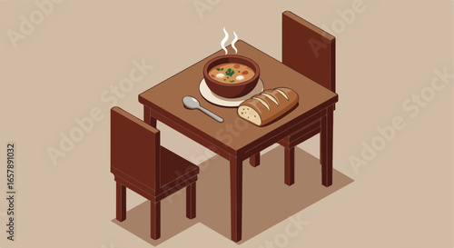 Isometric view of soup and bread on a table with chairs, against a simple background