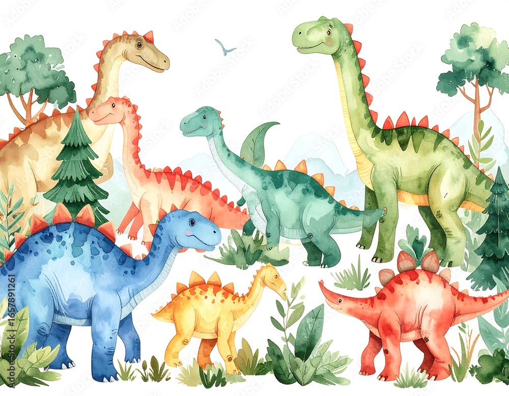 Fototapeta premium Cute dinosaurs in a lush landscape