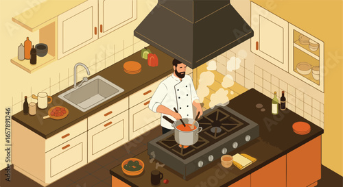 Chef stirs sauce on stove in kitchen. Steam rises. Home cooking recipe illustration