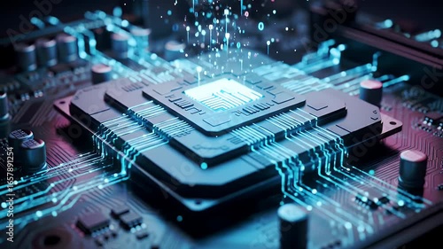 Glowing Blue Cpu Chip with Intricate Circuit Patterns on Motherboard with Pink and Blue Hues