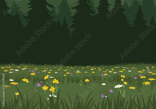 Wildflowers grow near shadowy forest, illustration for environmental project use