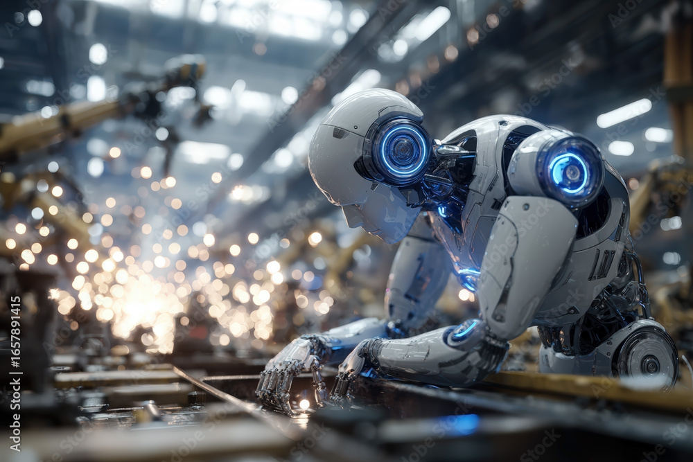 Fototapeta premium Futuristic Humanoid Robot Working in Smart Factory – Advanced AI in Industrial Robotics