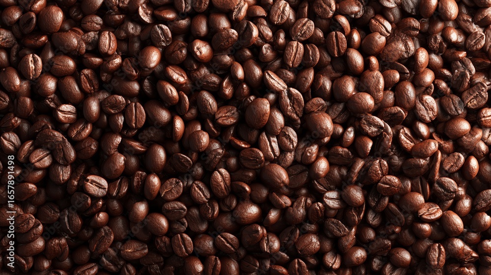 Fototapeta premium Close-up of roasted coffee beans creating a rich, textured background ideal for food, beverage, and coffee-related content.