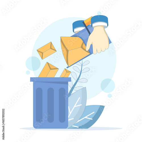 Digital Cleanup Concept. Emails are deleted to the trash. This includes spam removal, message purging, unnecessary data deletion, file management, and system optimization. Flat design.