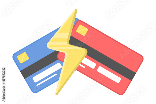 Flat vector illustration of a payment card with a lightning symbol, symbolizing fast and secure financial transactions, instant digital banking, fintech, online payments and electronic money concepts.