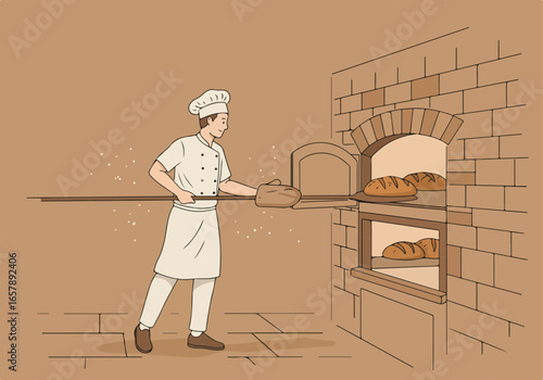 Baker puts bread in brick oven. More bread bakes in the background for use
