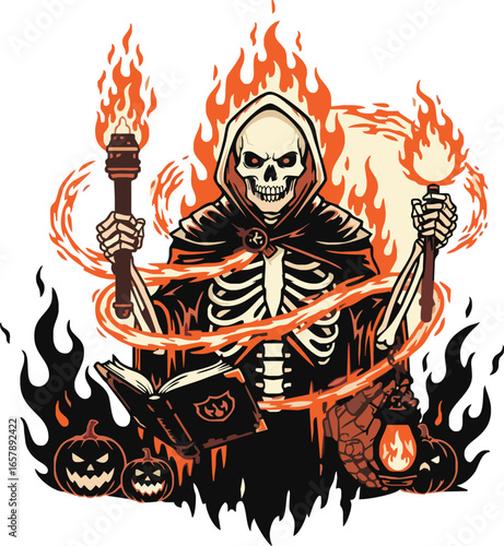 A skeleton in a hooded cloak holds torches and a book, surrounded by flames and pumpkins.