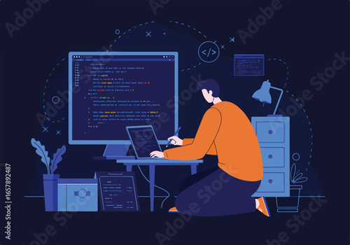 Coder writes code in home office. Computer display shows coding, doodles surround
