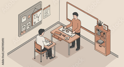 Classroom scene teacher explaining to student, board with notes in background