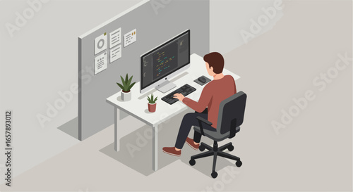 Isometric coder types at desk in office with task board visible in background