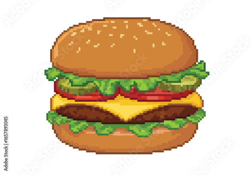 Pixelated Burger Art on a White Background, food design or game resource