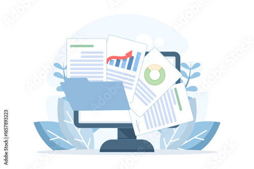 Flat vector illustration of laptop with files and documents. Concept of email attachment, online communication, digital document sharing, data transfer, office work, and electronic file management.