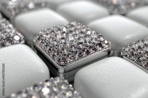 Close-up of many square, white, leather-like boxes, some adorned with sparkling, clear crystals