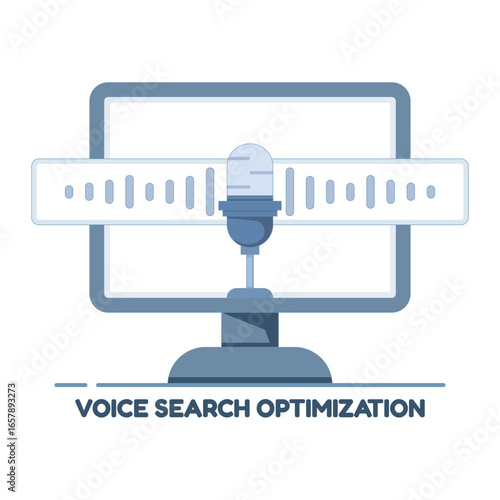 Flat vector illustration of voice search optimization on a laptop screen with a microphone icon. Voice technology concept for SEO, digital marketing, and online search with background.
