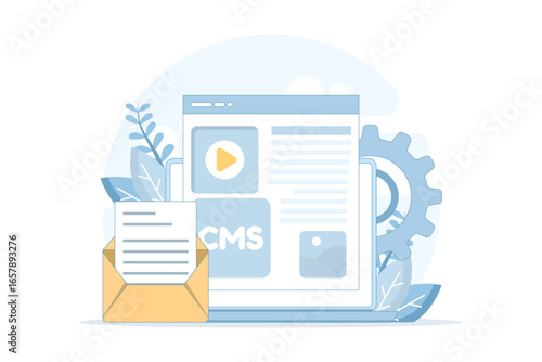 Flat cartoon vector illustration of CMS content management system. Concept of blog administration, blogging, freelancing, creative writing, and script management for landing page or web design icons.
