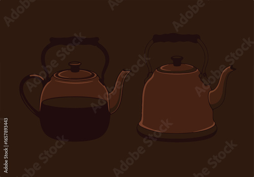 Two teapots in darkroom with solid background, illustration for warm beverage use