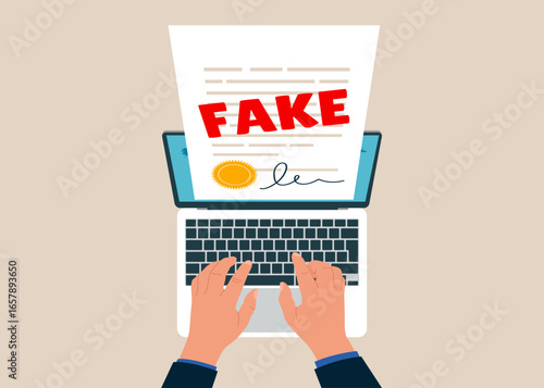 Top view of man working using laptop. Wrong information verification, fraud and illegal reports. Inspector through the laptop verify fake document. Flat vector illustration.