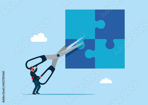 Businessman holding scissors to cut jigsaw puzzle elements. Conflict and argument between colleagues, difference opinion, disagree, confrontation. Fight back win over difficulty. Vector illustration